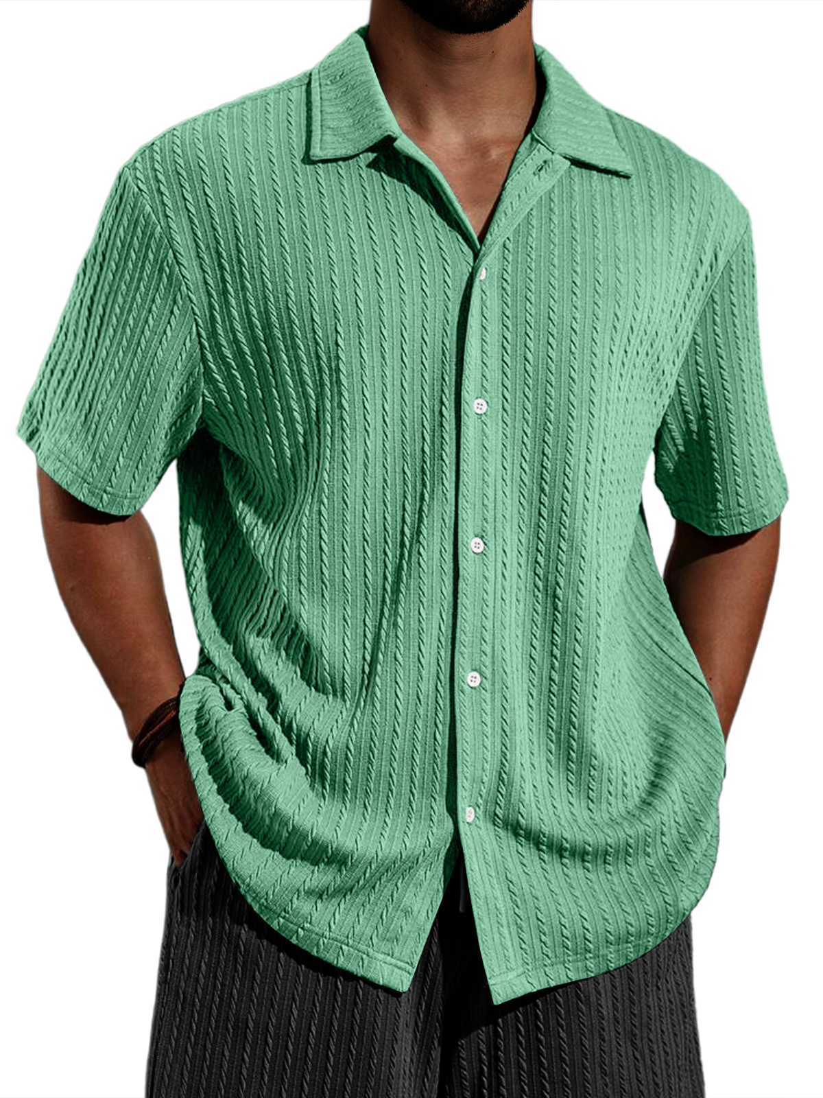 Men's Casual Lapel Jacquard Solid Color Short-sleeved Shirt