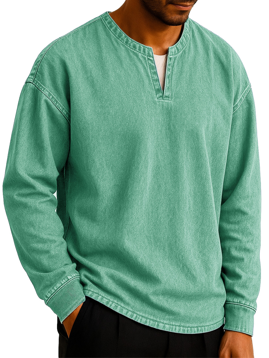  Men's Stylish Casual Outdoor V-neck Distressed Loose-fitting Long-sleeved T-shirt 
