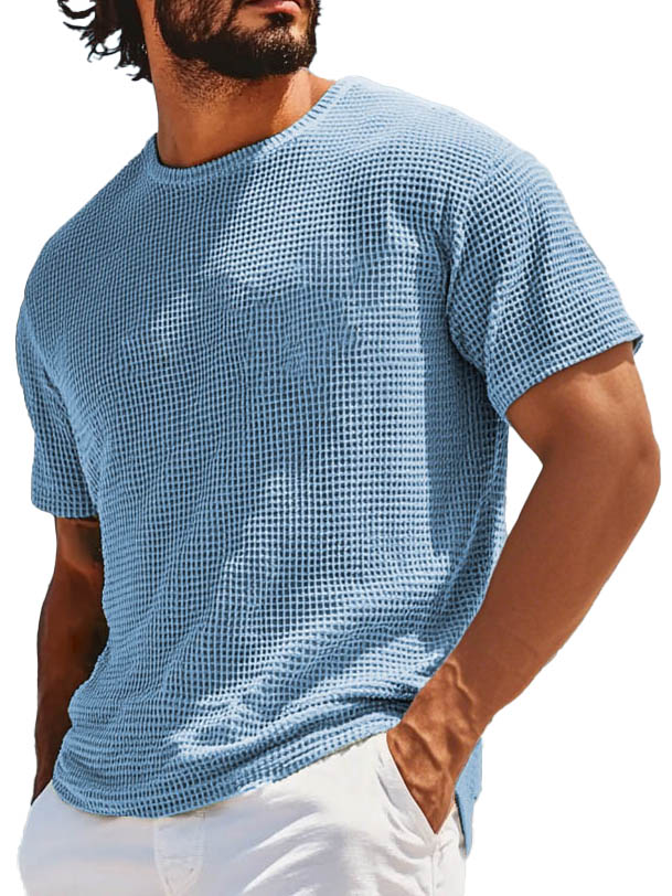 Men's Retro Fashion Round Neck Waffle Texture Fabric Short-sleeved T-shirt