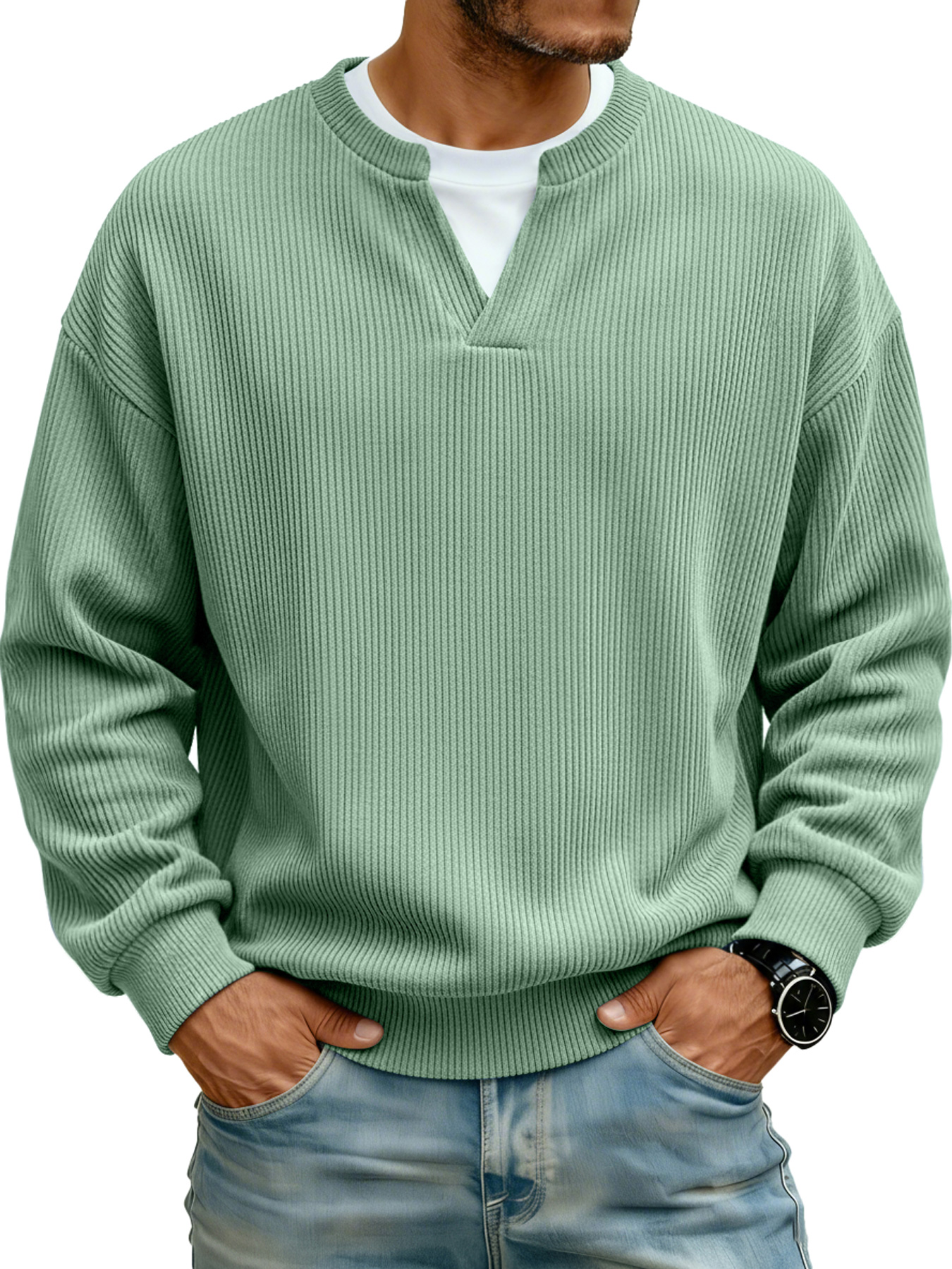 Men's Ribbed V-neck Faux Two-Piece Casual Long-Sleeve T-Shirt