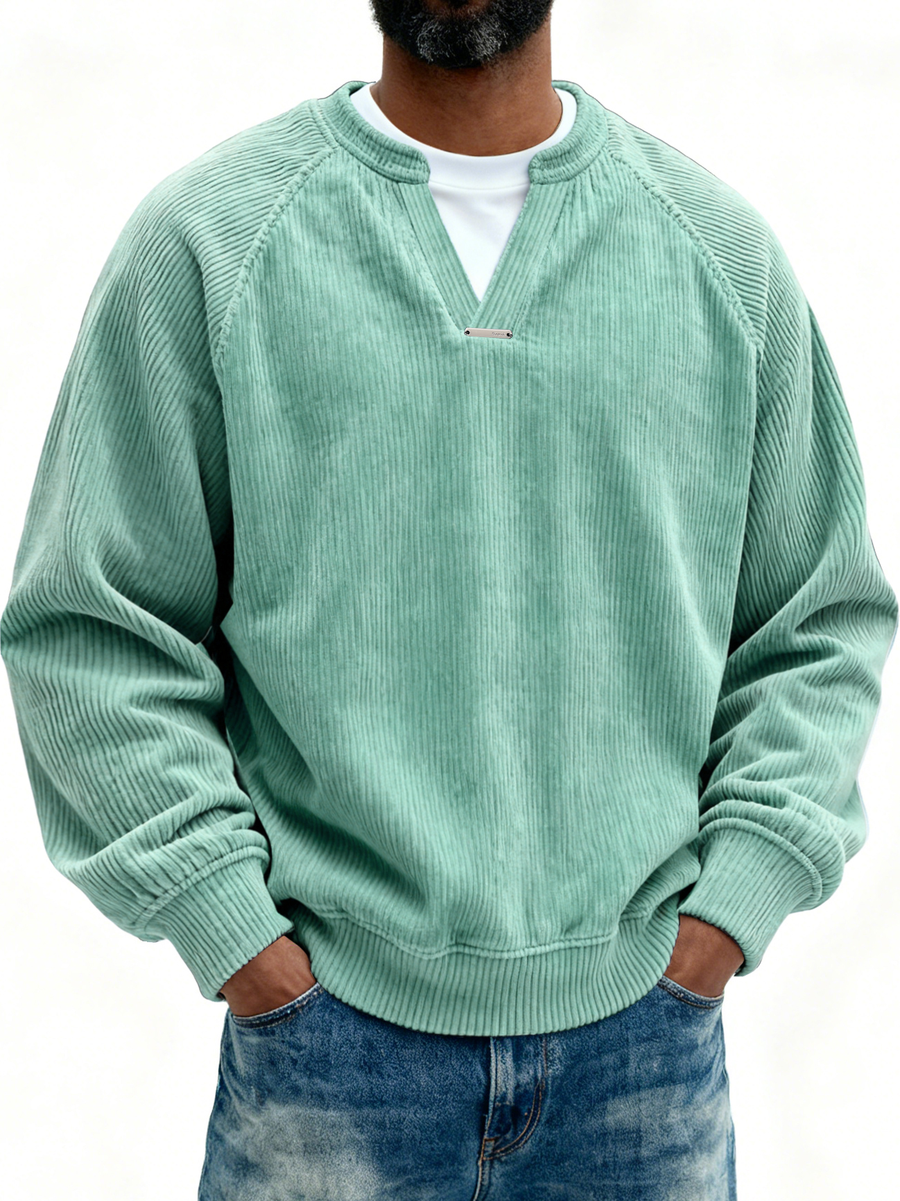Men's Retro Casual Corduroy V-Neck Faux Two-Piece Long-Sleeve T-Shirt