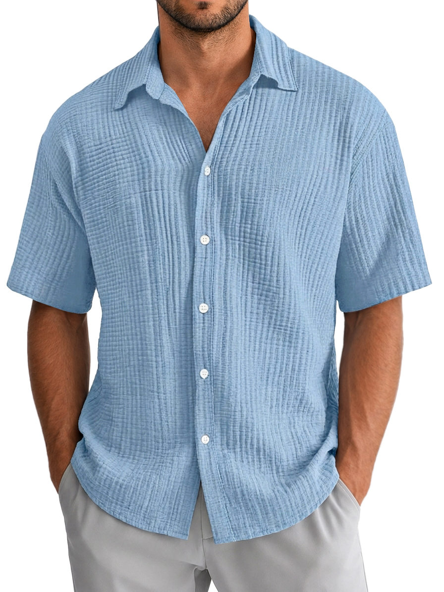 Men's Casual Loose Textured 100% Cotton Short Sleeve Shirt