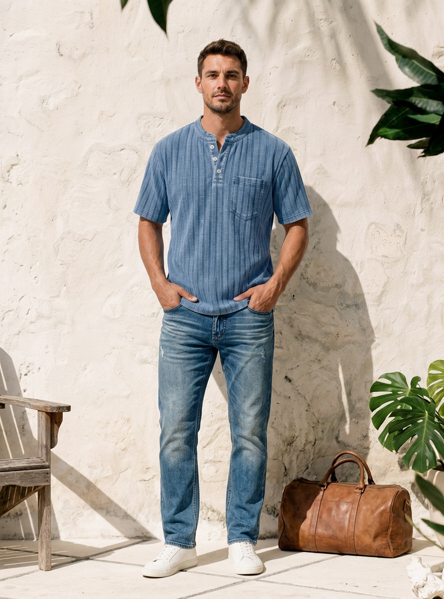 Men's Textured Striped Short-Sleeve Henley – Breathable & Comfortable
