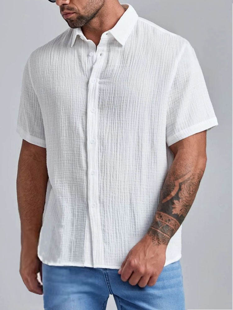 Men's Casual Solid Color Cotton Linen Casual Short Sleeve Shirt