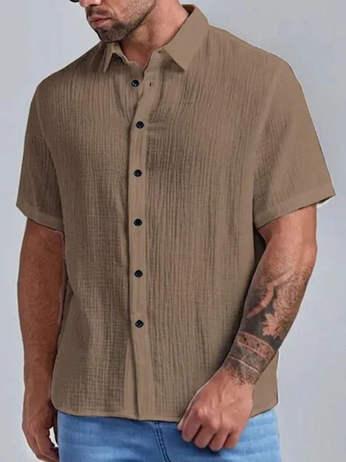 Men's Casual Solid Color Cotton Linen Casual Short Sleeve Shirt