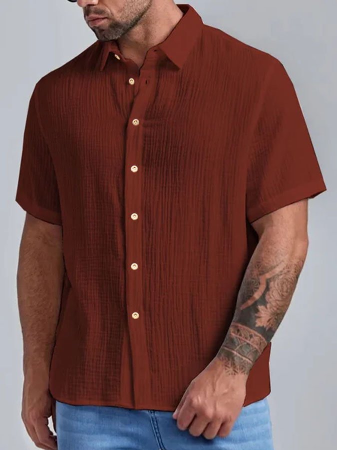 Men's Casual Solid Color Cotton Linen Casual Short Sleeve Shirt