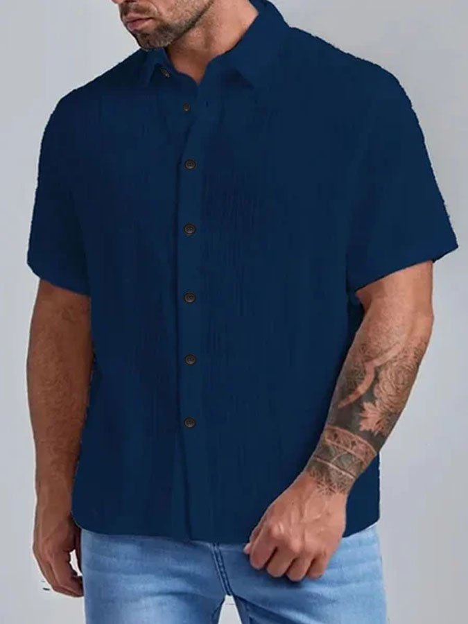 Men's Casual Solid Color Cotton Linen Casual Short Sleeve Shirt