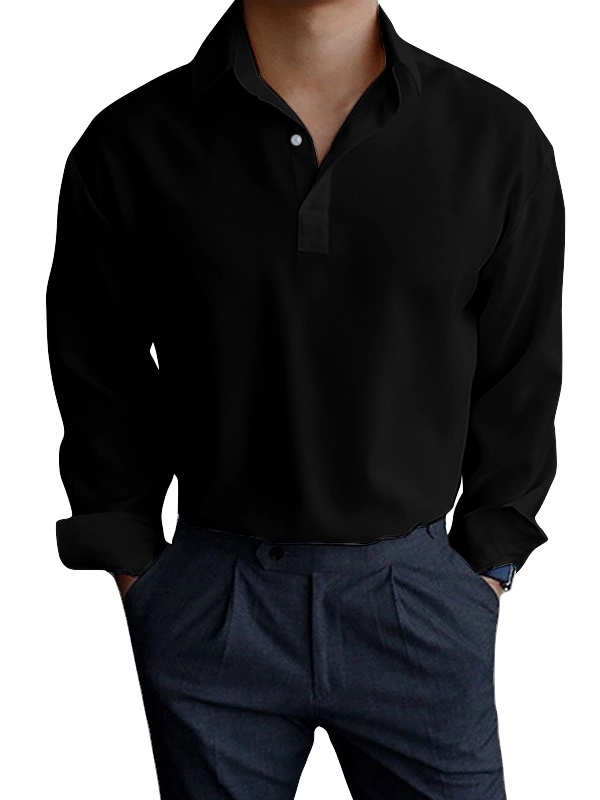 Men's Autumn Solid Color Pullover Lapel Long Sleeve Shirt