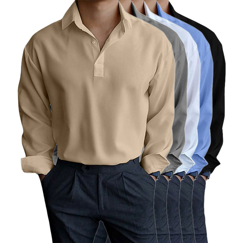 Men's Autumn Solid Color Pullover Lapel Long Sleeve Shirt