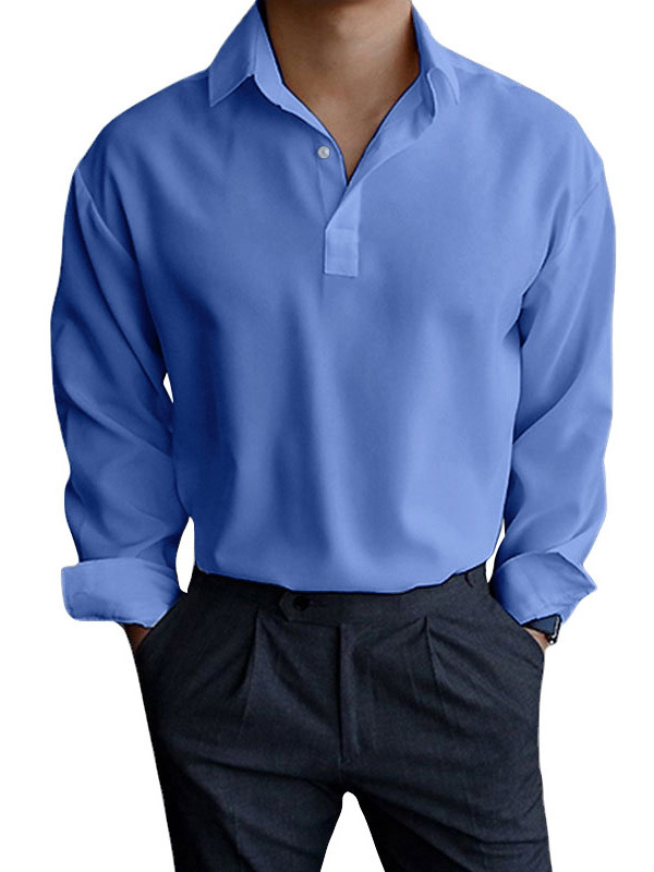 Men's Autumn Solid Color Pullover Lapel Long Sleeve Shirt