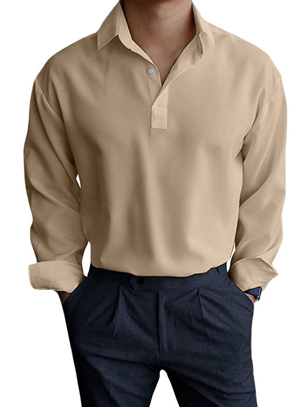 Men's Autumn Solid Color Pullover Lapel Long Sleeve Shirt