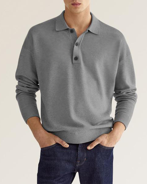Men's Long Sleeve V Neck Button Casual Top Polo Shirt
