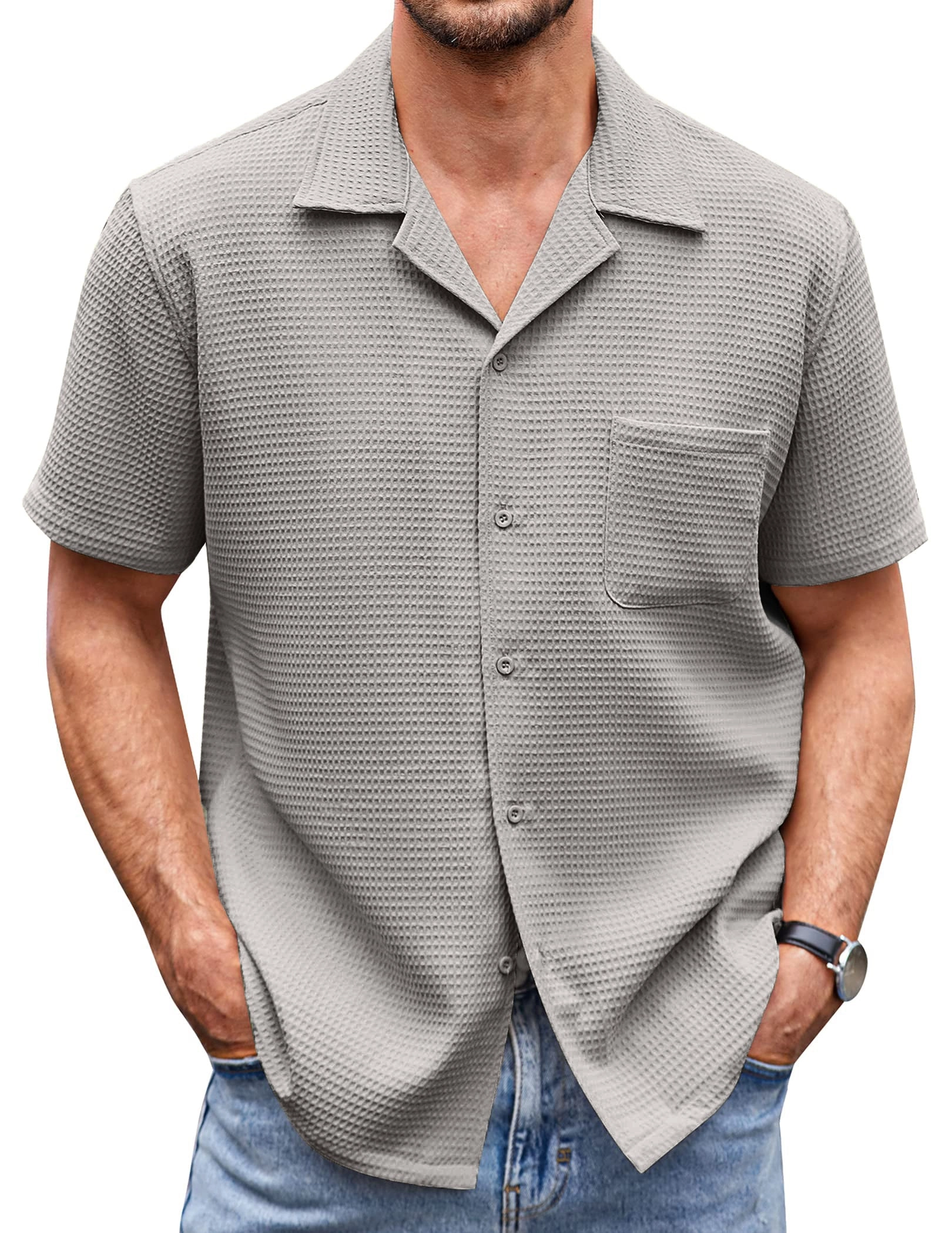 Men's Cuban Collar Pocket Waffle Weave Fabric Casual Comfort Daily Shirt