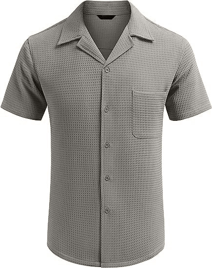 Men's Cuban Collar Pocket Waffle Weave Fabric Casual Comfort Daily Shirt
