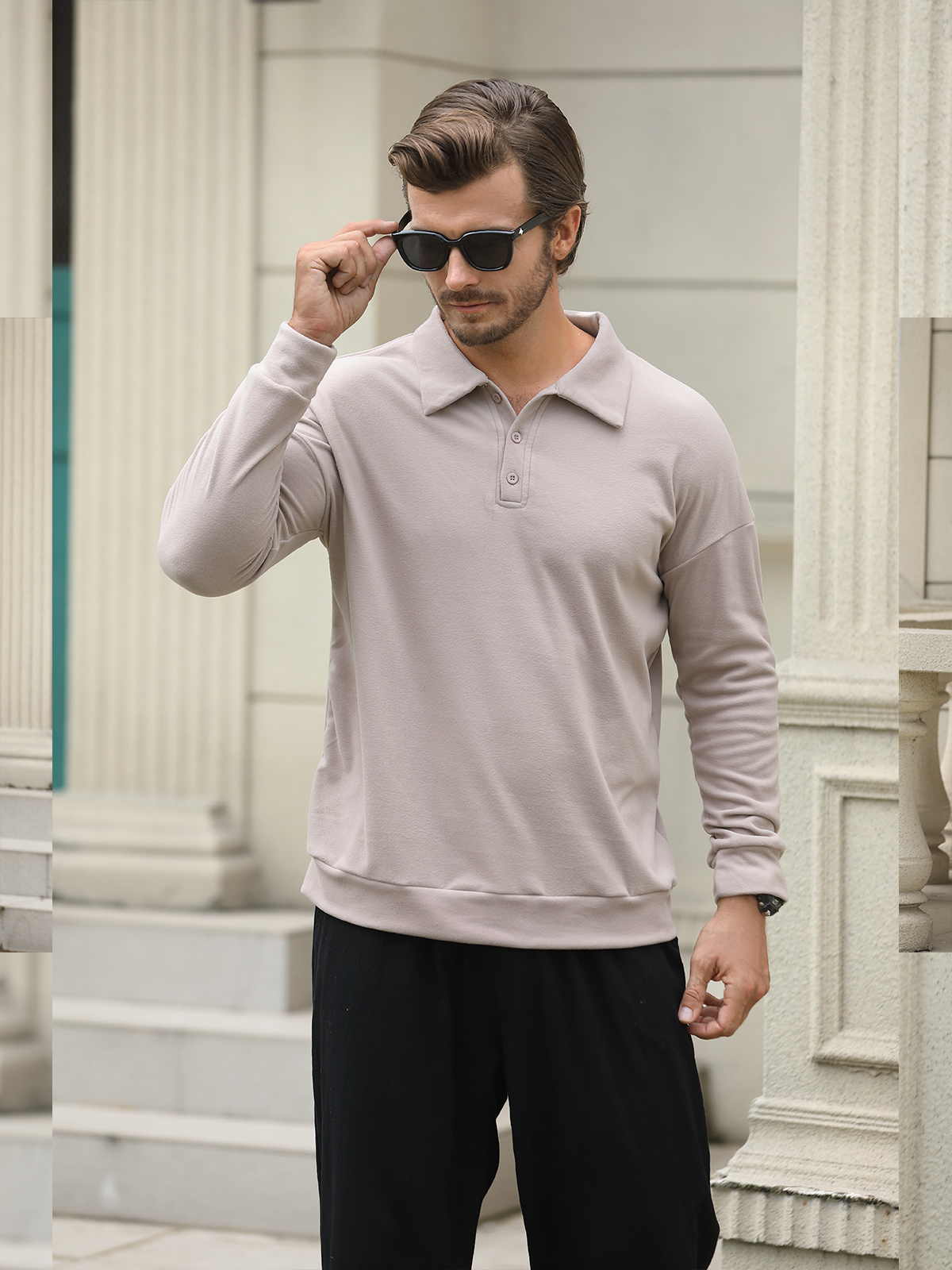 Men's Long Sleeve V Neck Button Casual Top Polo Shirt