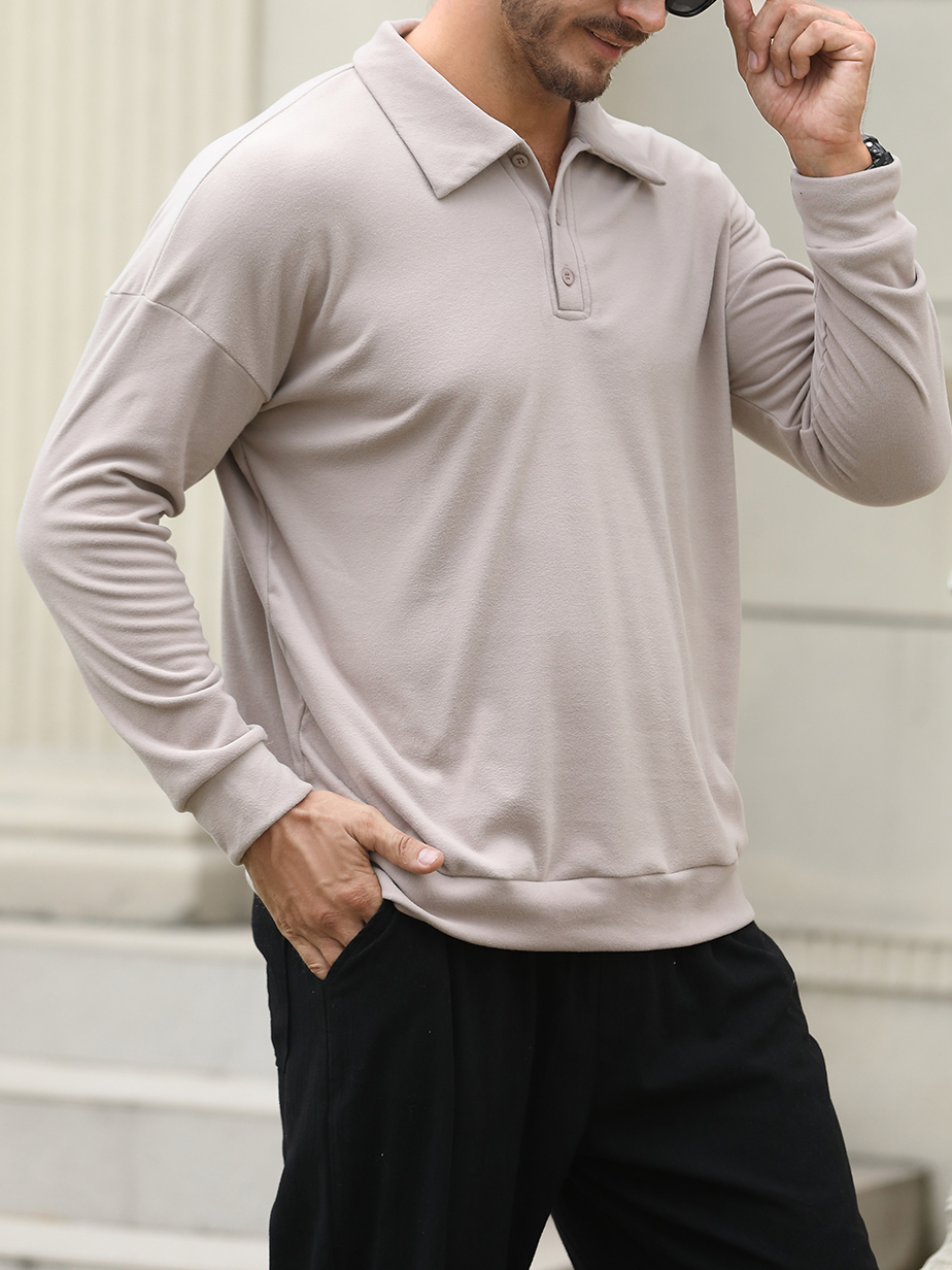 Men's Long Sleeve V Neck Button Casual Top Polo Shirt