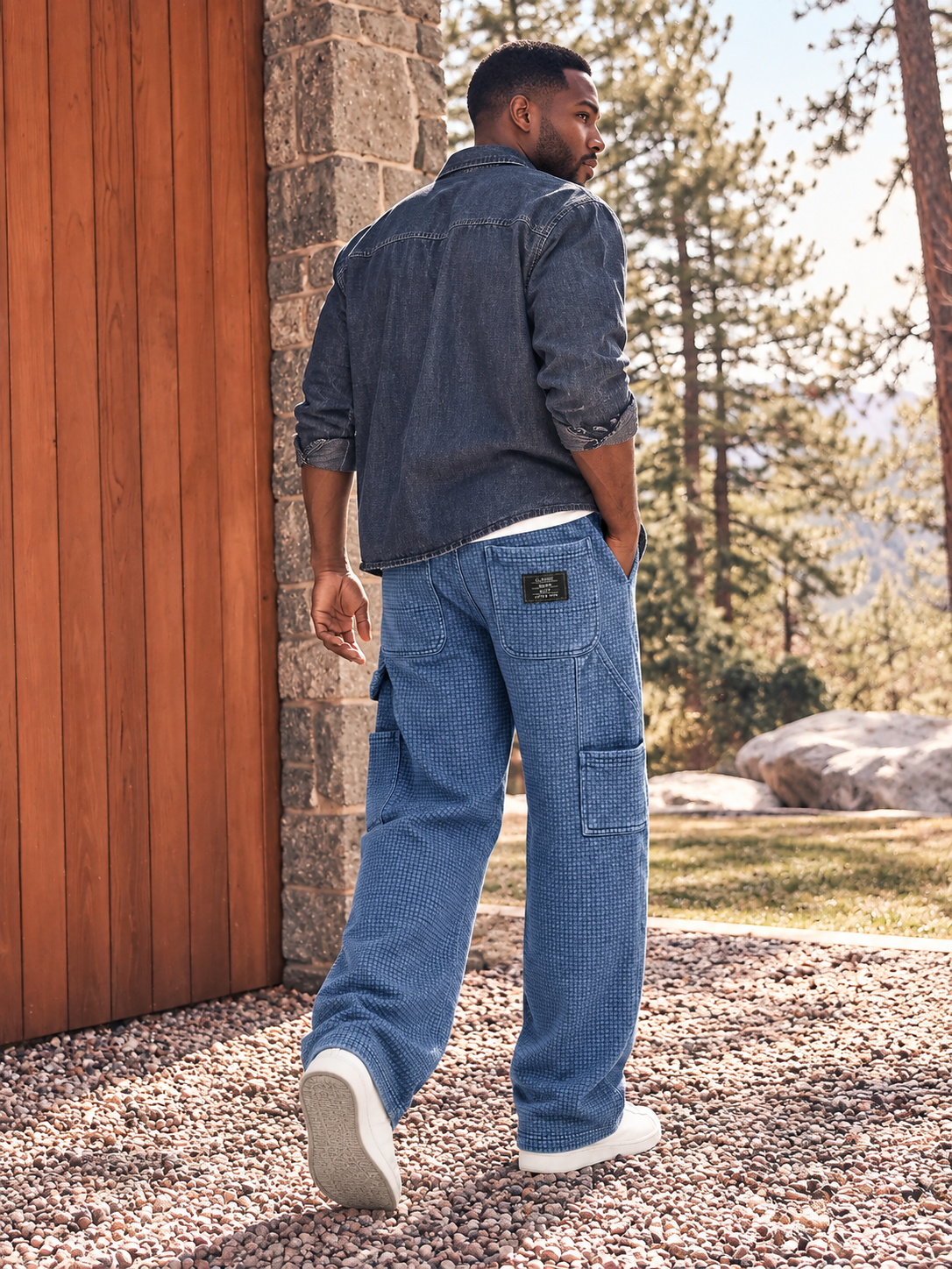 Men's Autumn Vintage Washed Distressed Waffle Knit Multi-Pocket Straight-Leg Pants