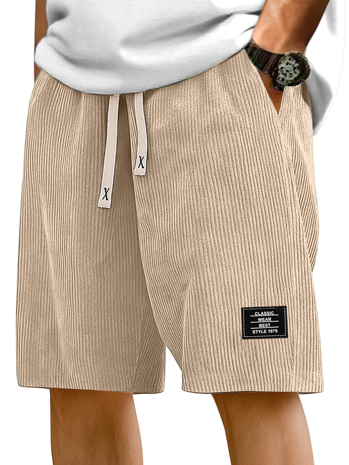 Men's Simple Solid Color Pit Stripe Logo Casual Shorts