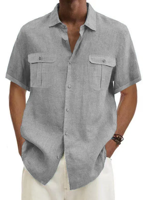 Mokaloha-Men's Solid Color Double Pocket Cotton Linen Casual Short Sleeve Shirt