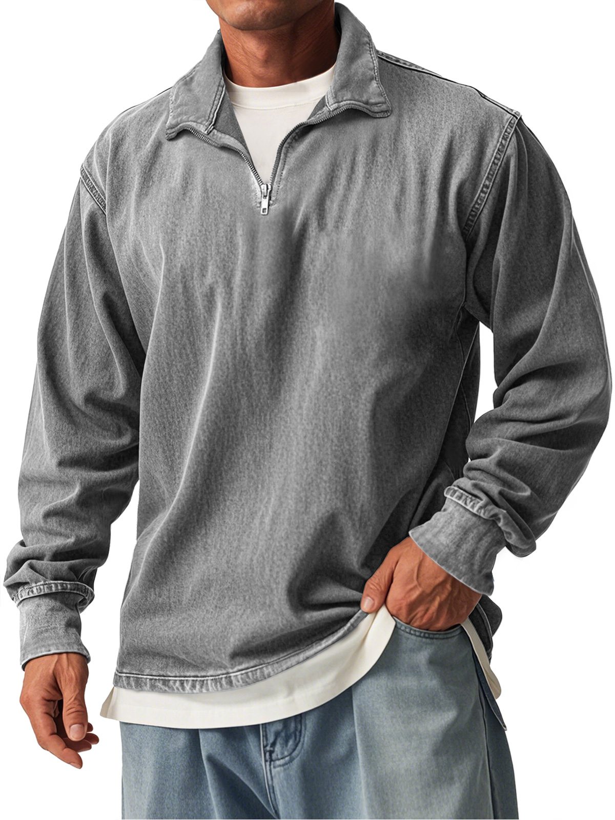 Men's Retro Casual Stand Collar Zipper Long Sleeve T-Shirt