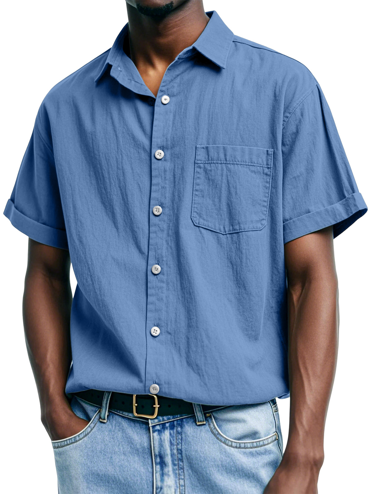 Men's Casual And Comfortable Solid Color Lapel Short-sleeved Shirt