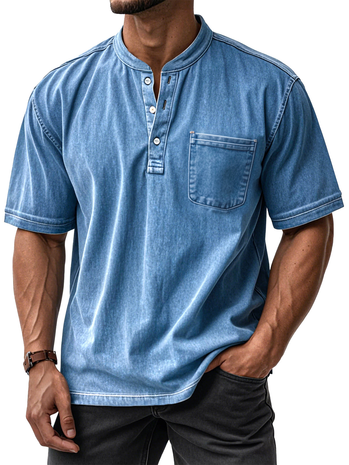 Men's Casual Solid Color Vintage Loose Pocket Short Sleeve Button-down Henley Shirt