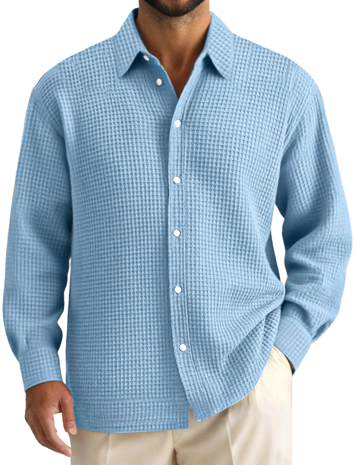 Men's Daily Casual Waffle Texture Solid Color Lapel Long-sleeved Shirt