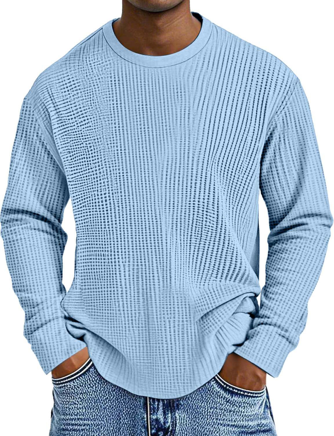 Men's Simple Daily Solid Color Waffle Round Neck Long Sleeve T-shirt
