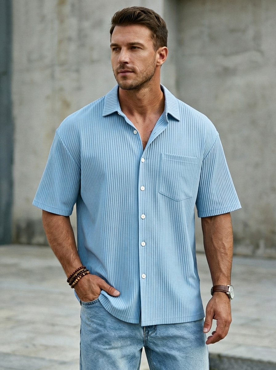 Men's Simple Solid Color Vertical Pit Short-sleeved Shirt With Chest Pocket