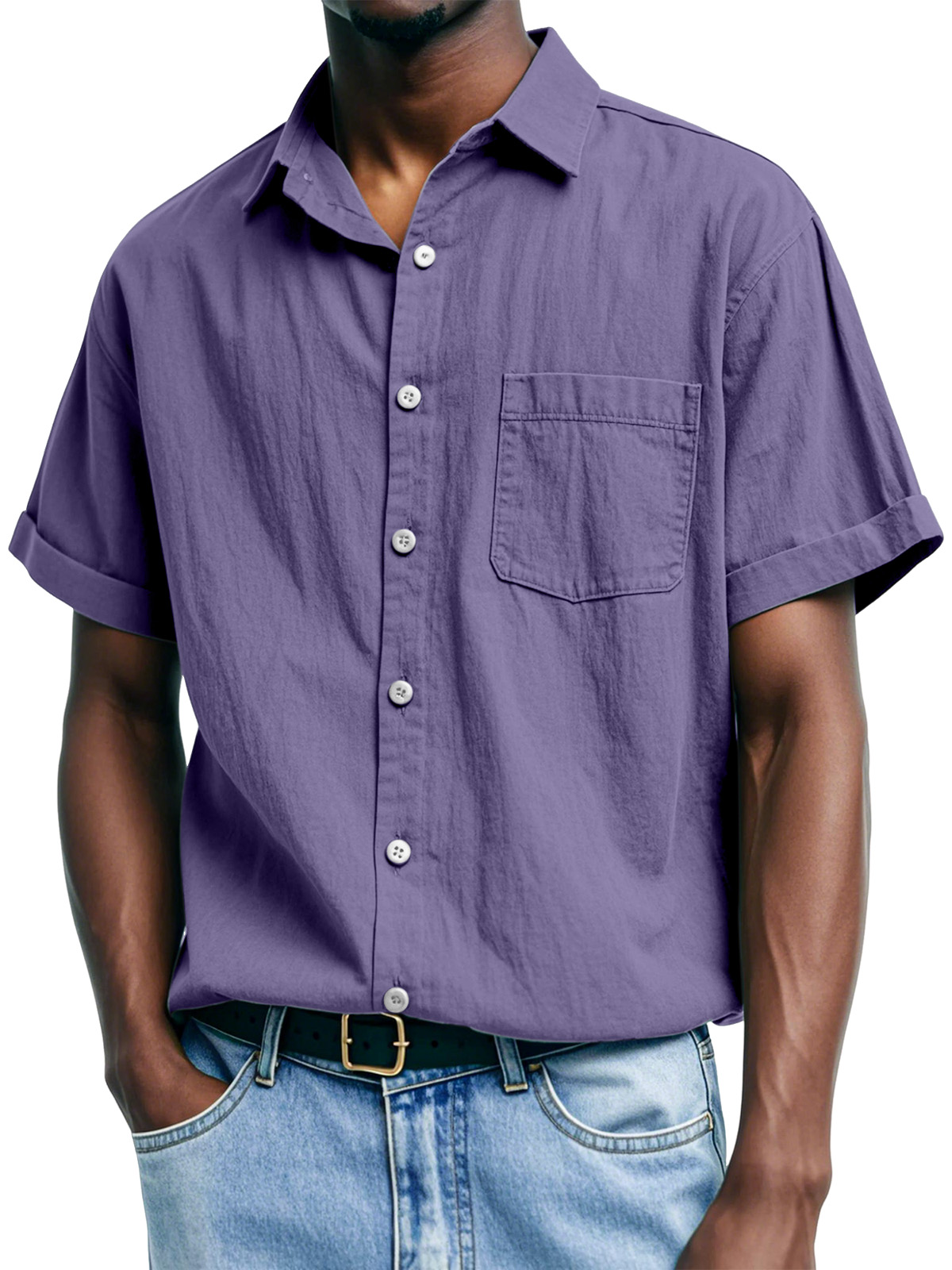 Men's Casual And Comfortable Solid Color Lapel Short-sleeved Shirt