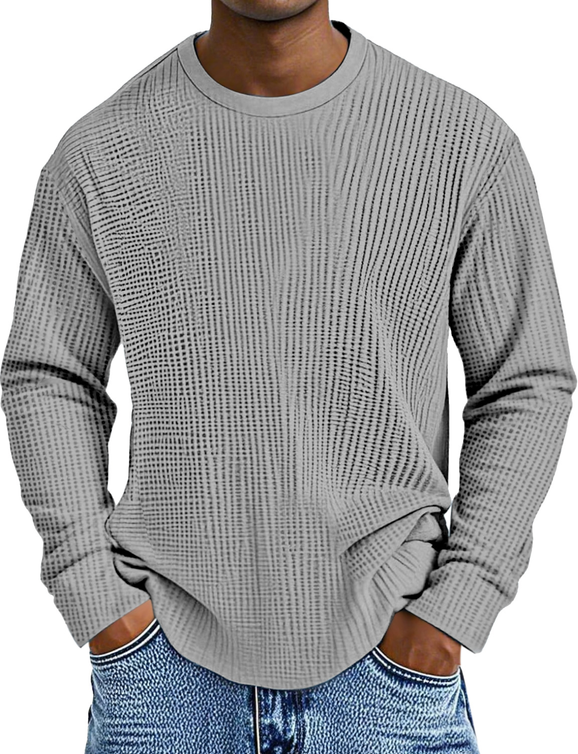 Men's Simple Daily Solid Color Waffle Round Neck Long Sleeve T-shirt