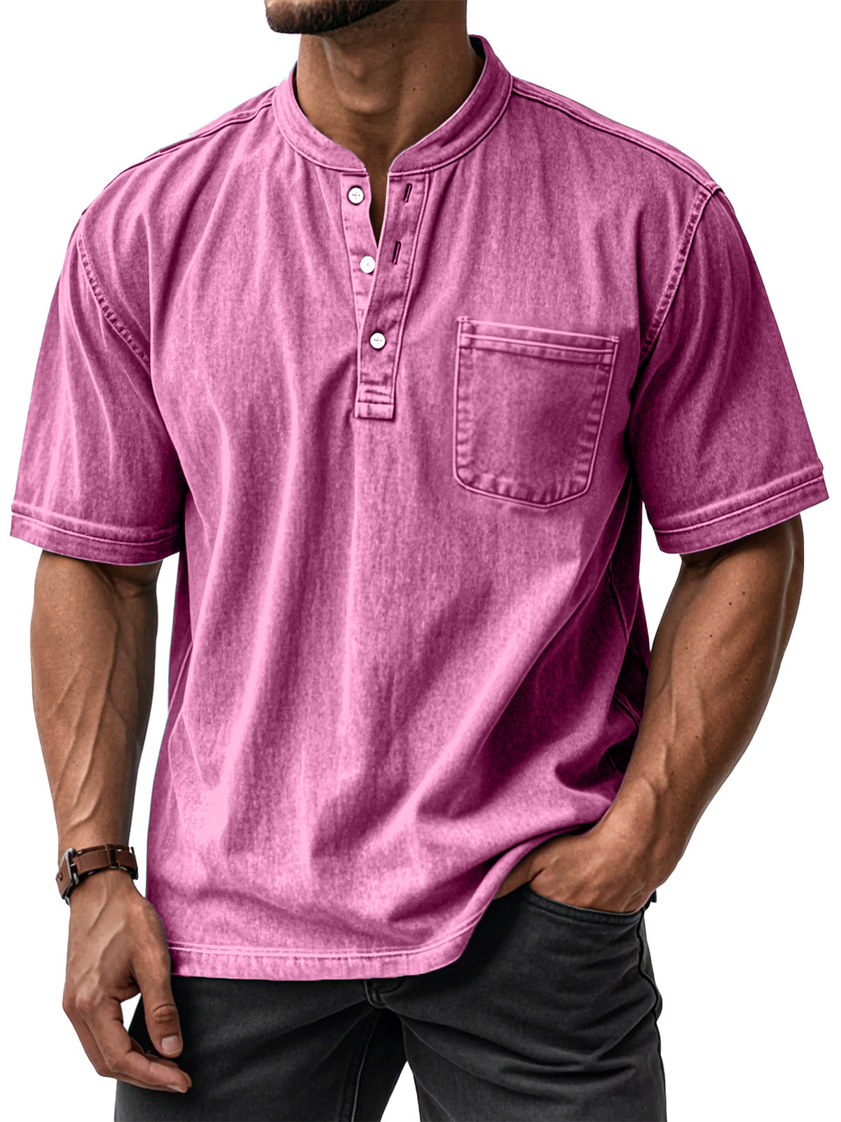 Men's Casual Solid Color Vintage Loose Pocket Short Sleeve Button-down Henley Shirt