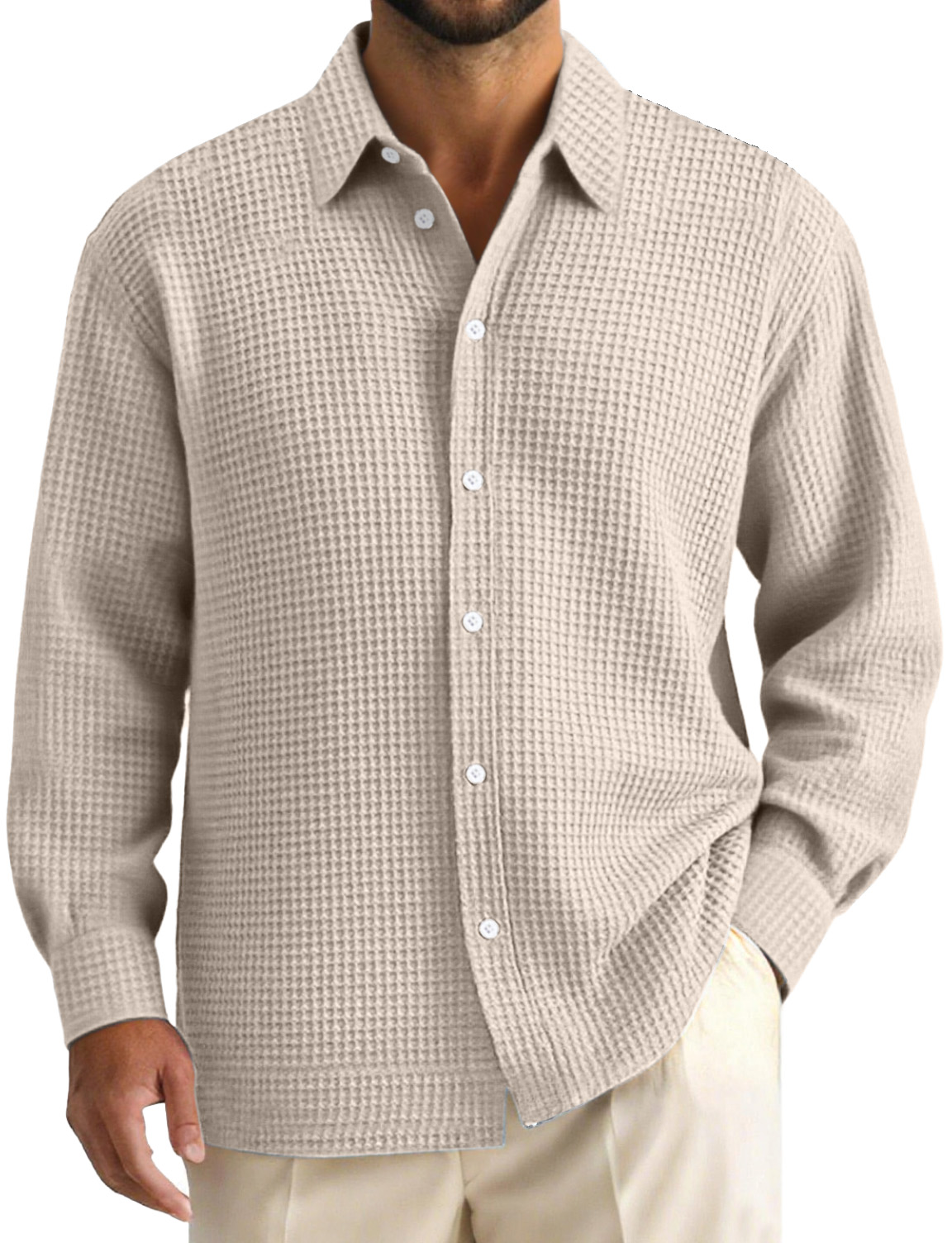 Men's Daily Casual Waffle Texture Solid Color Lapel Long-sleeved Shirt