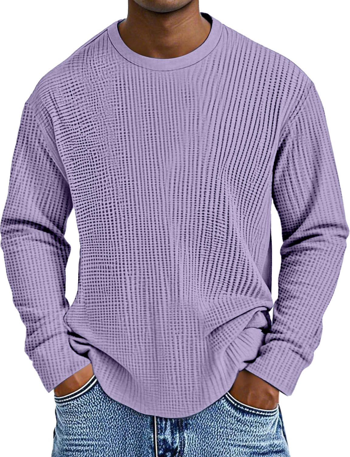 Men's Simple Daily Solid Color Waffle Round Neck Long Sleeve T-shirt