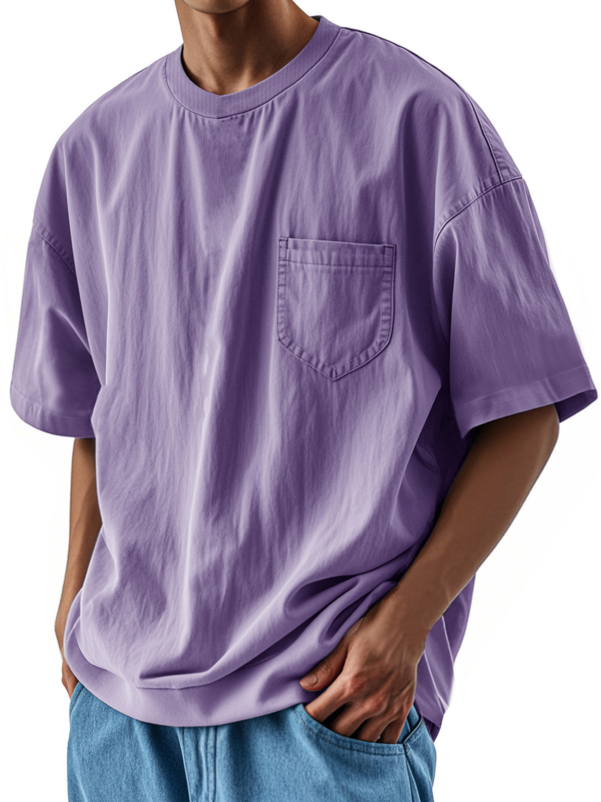 Men's Fashion Casual Retro Shirt Round Neck Pocket Short Sleeve T