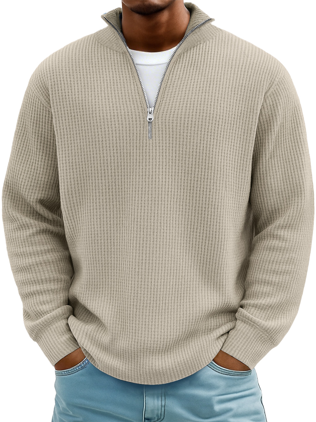 Men's Casual Simple Stand Collar Zipper Long Sleeve T-shirt