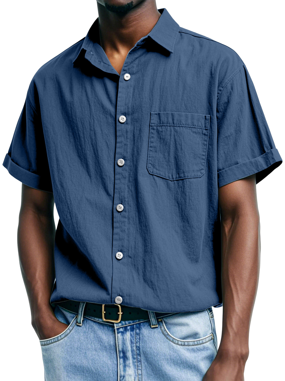 Men's Casual And Comfortable Solid Color Lapel Short-sleeved Shirt