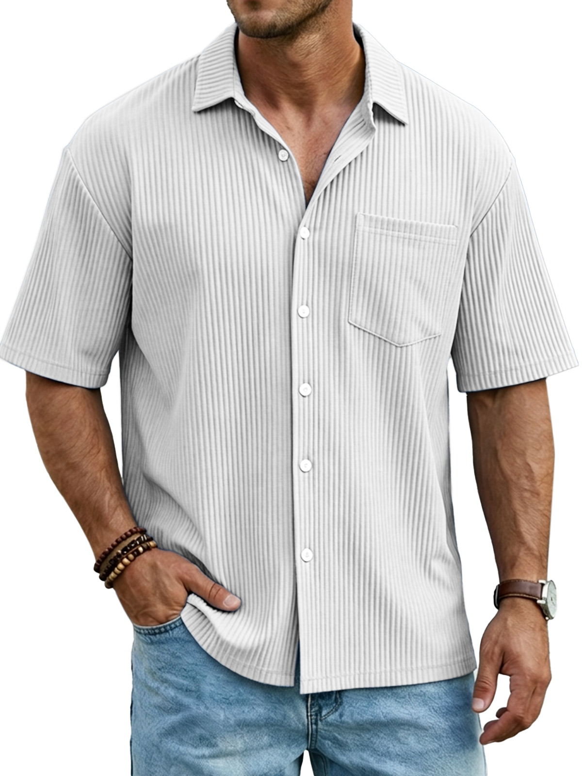 Men's Simple Solid Color Vertical Pit Short-sleeved Shirt With Chest Pocket