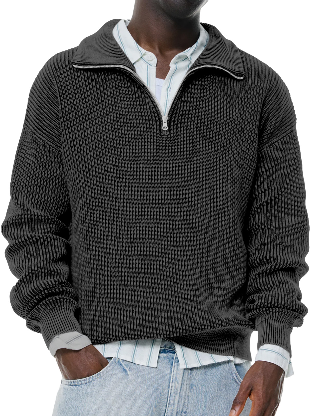 Men's Daily Casual Solid Color Knitted Stand Collar Zipper Pullover Sweater