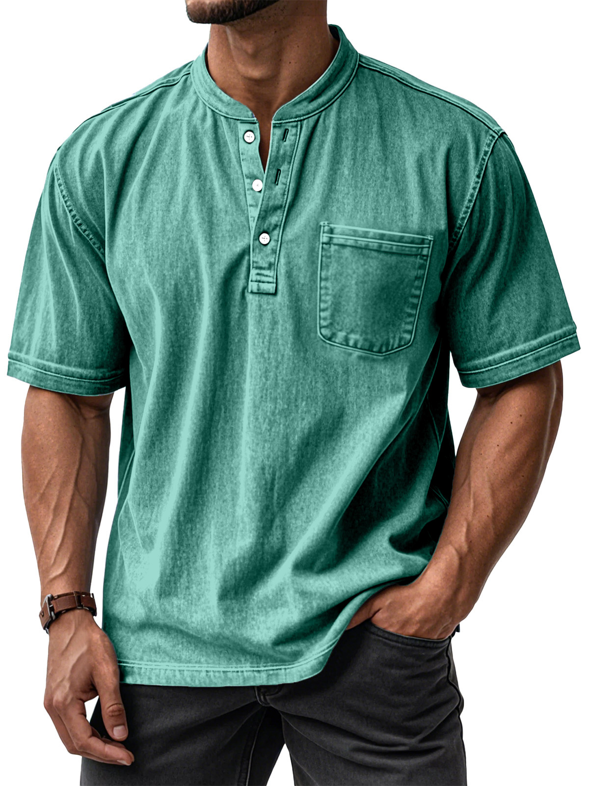 Men's Casual Solid Color Vintage Loose Pocket Short Sleeve Button-down Henley Shirt