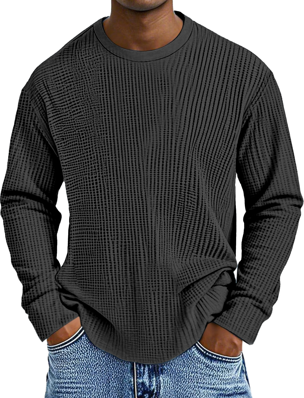 Men's Simple Daily Solid Color Waffle Round Neck Long Sleeve T-shirt
