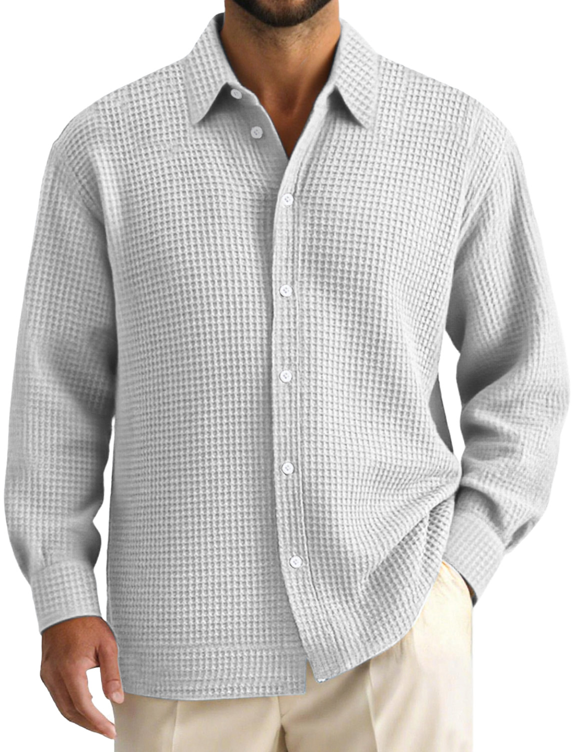 Men's Daily Casual Waffle Texture Solid Color Lapel Long-sleeved Shirt