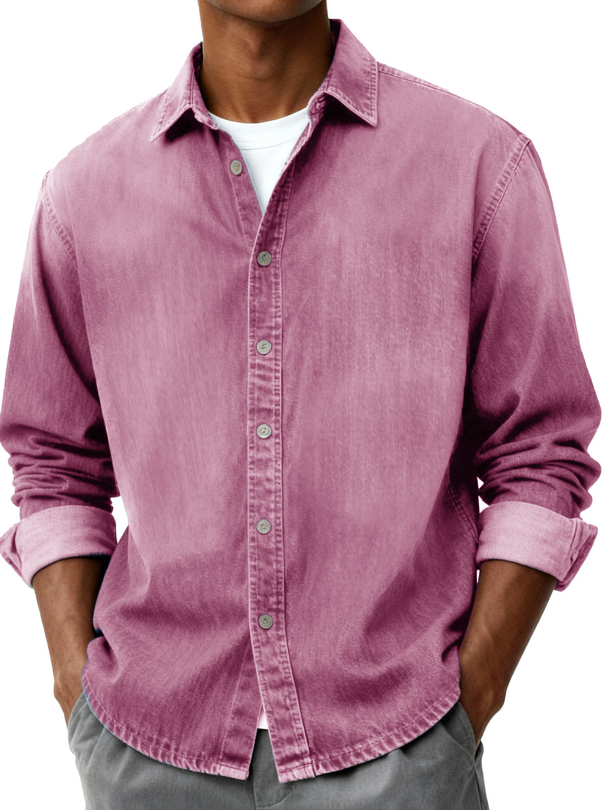 Men's Fashion Retro Distressed Pocket Collar Long-Sleeve Shirt