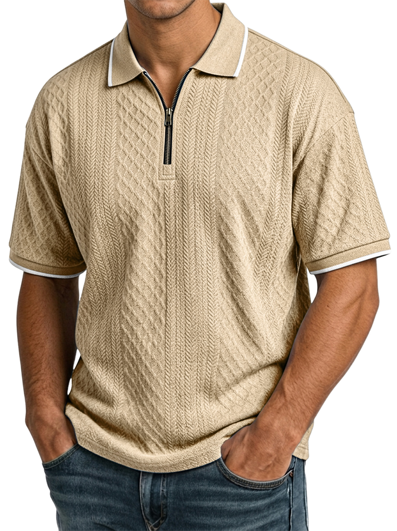Men's Casual Jacquard Textured Collar Zipper Short-Sleeve Polo Shirt