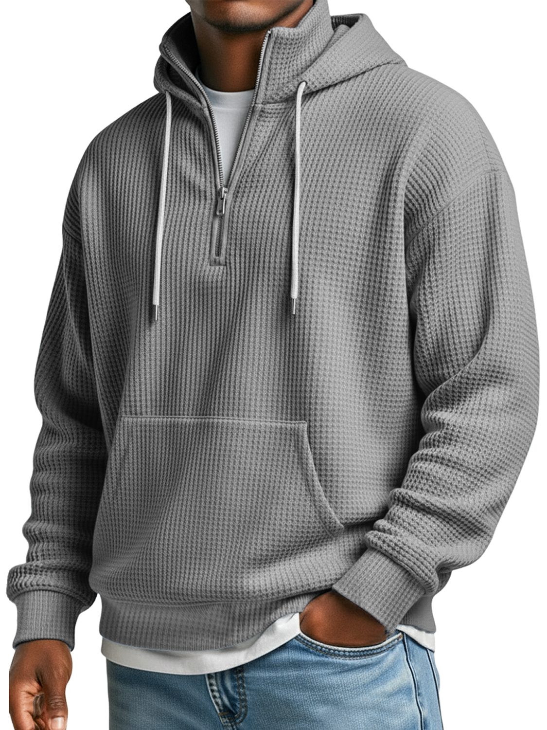 Men's Waffle Collar Zipper Casual Loose Hooded Sweatshirt