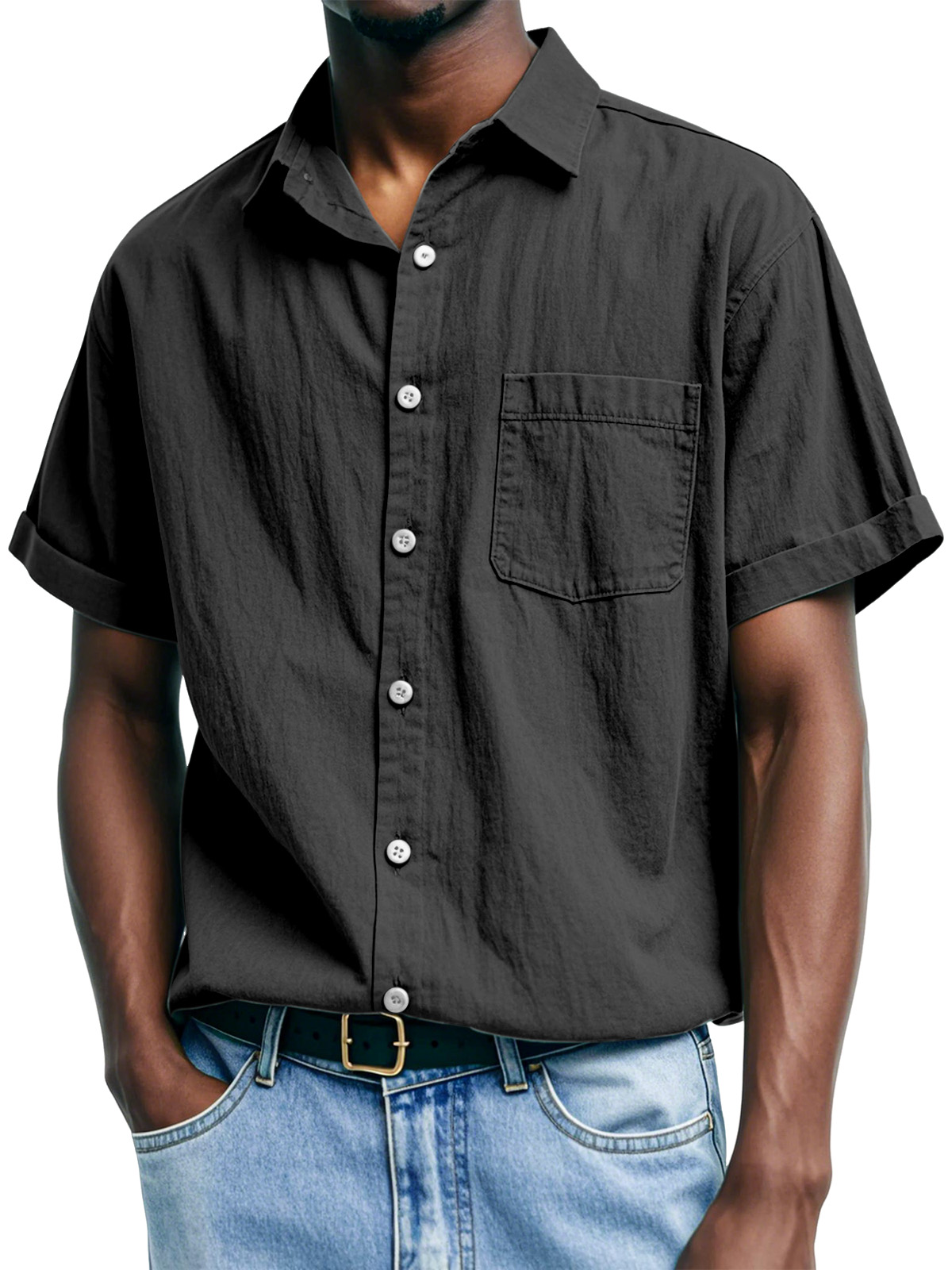 Men's Casual And Comfortable Solid Color Lapel Short-sleeved Shirt