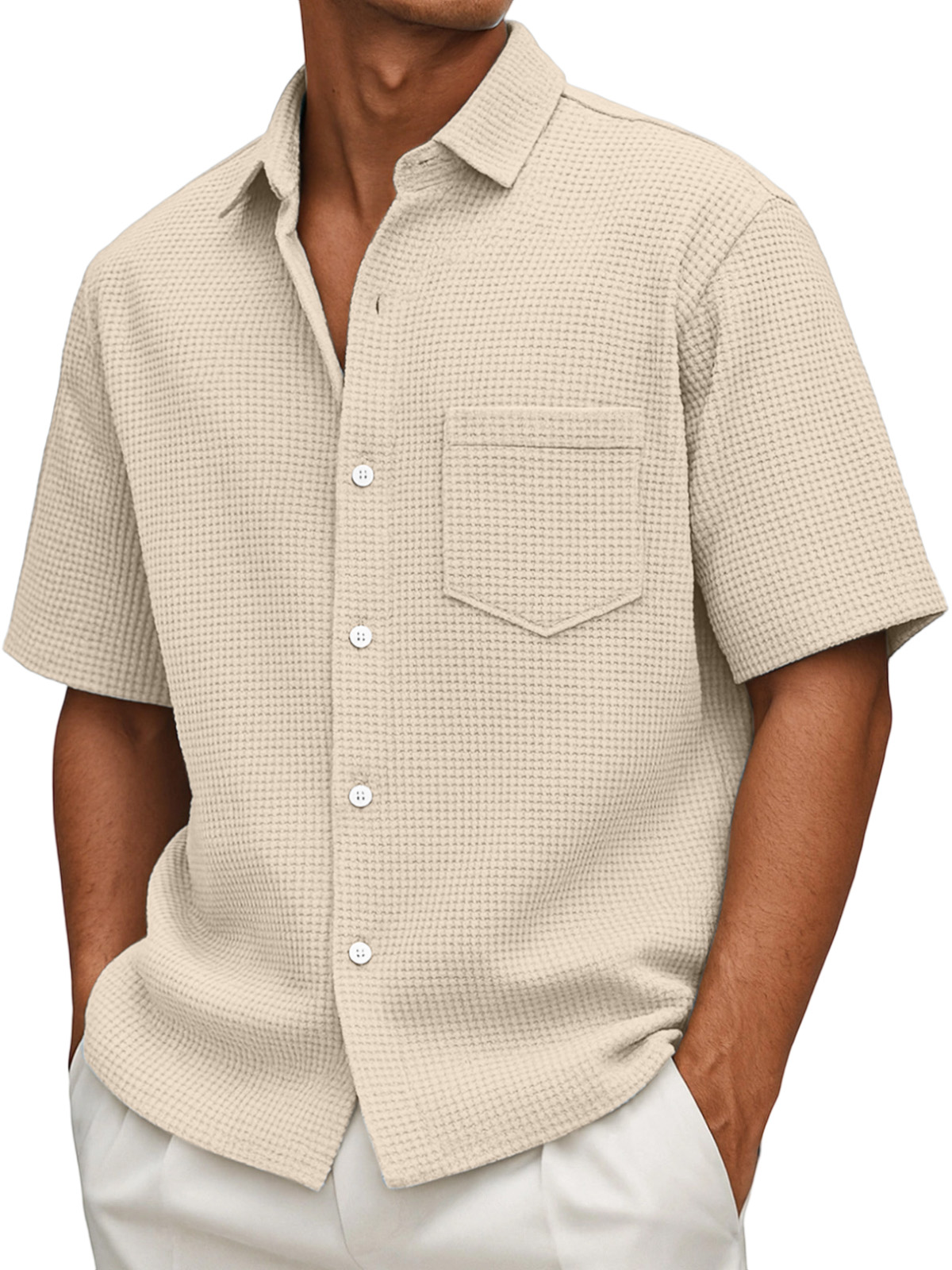 Men's Loose Casual Waffle Solid Color Button Short Sleeve Shirt