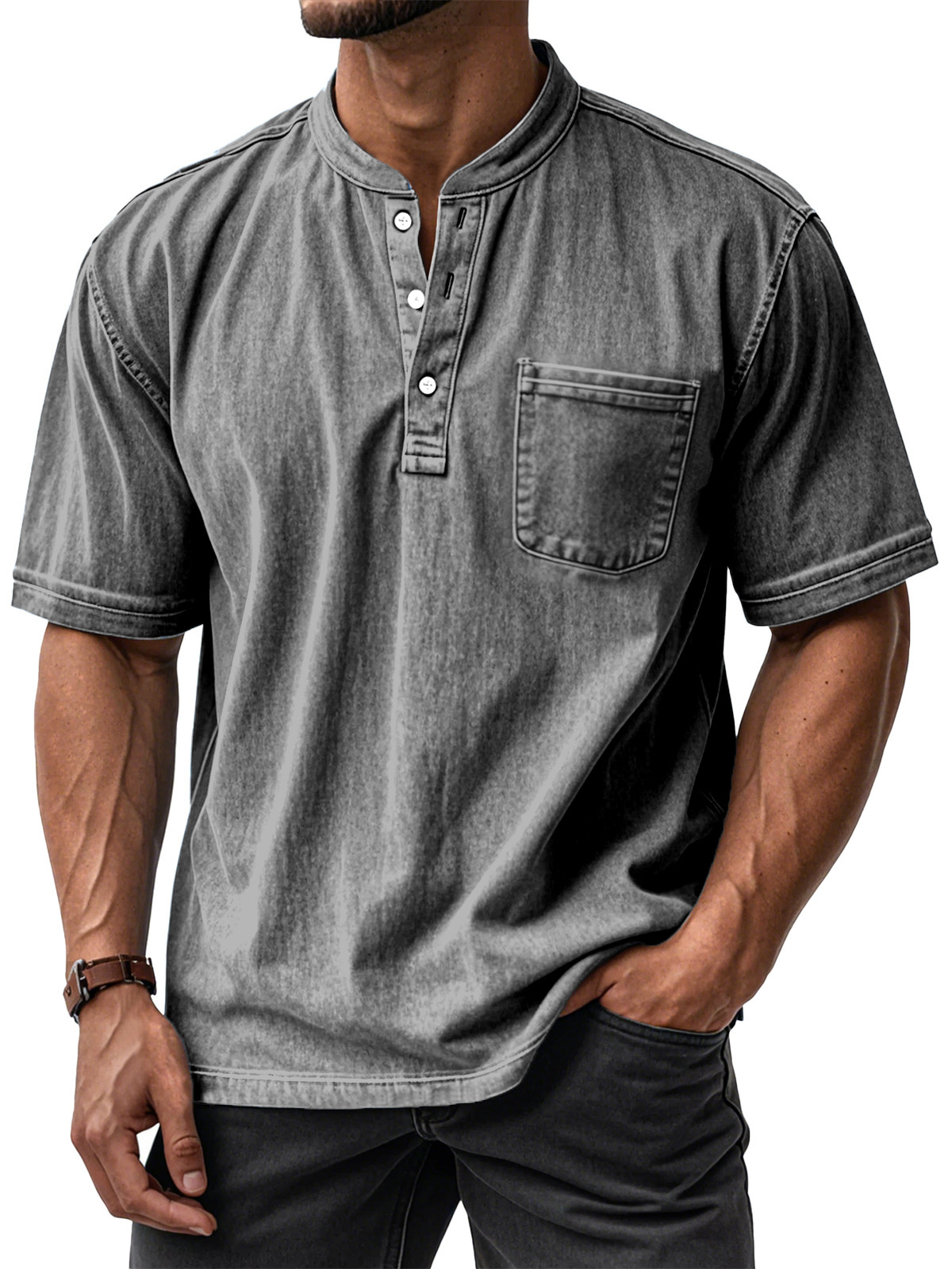 Men's Casual Solid Color Vintage Loose Pocket Short Sleeve Button-down Henley Shirt