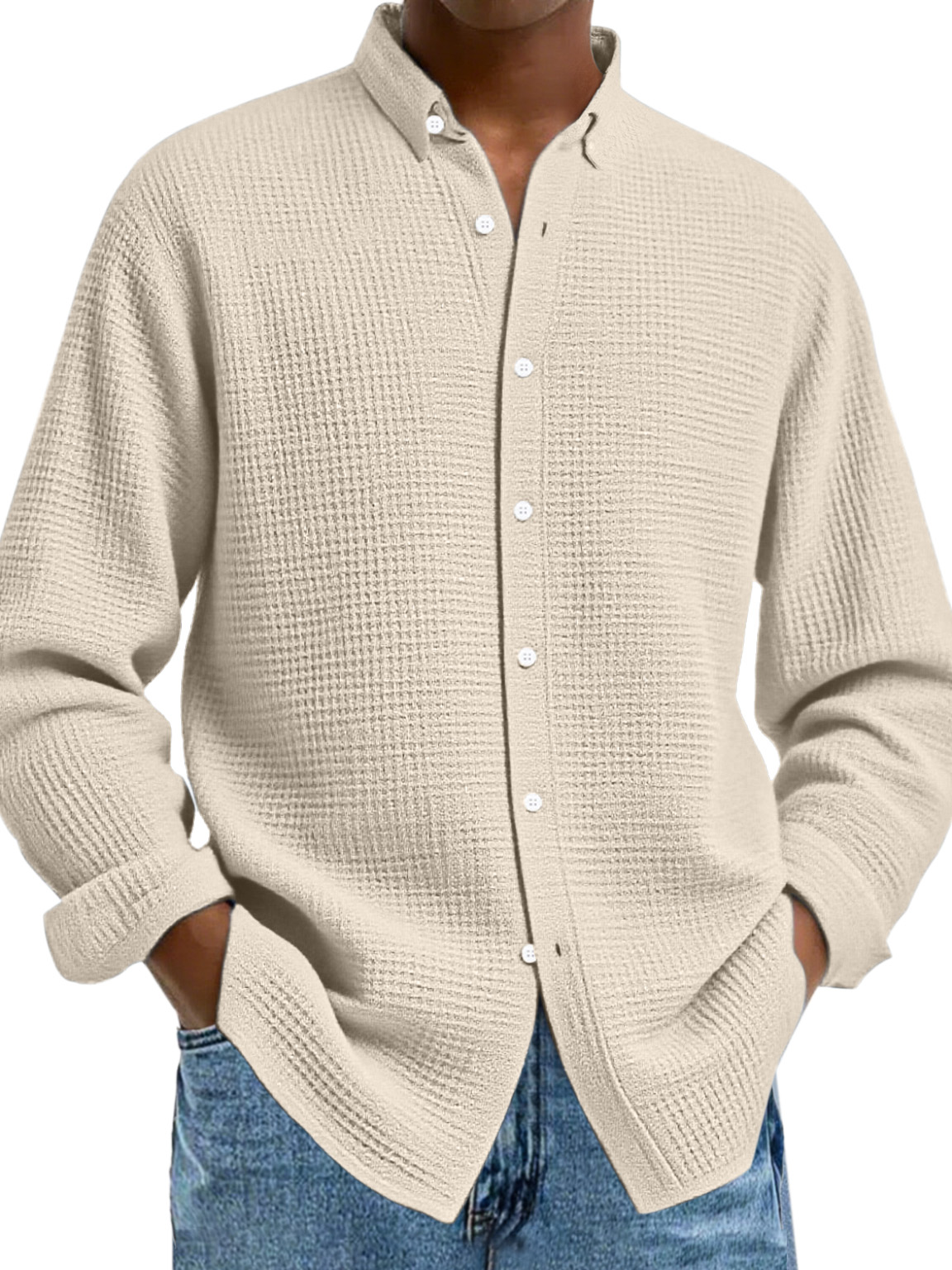 Men's Casual Solid Color Waffle Button Long Sleeve Shirt