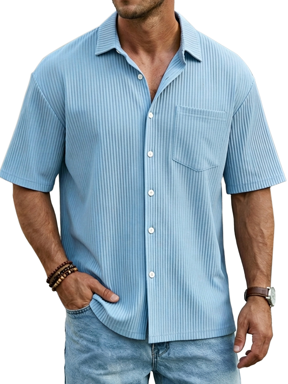 Men's Simple Solid Color Vertical Pit Short-sleeved Shirt With Chest Pocket